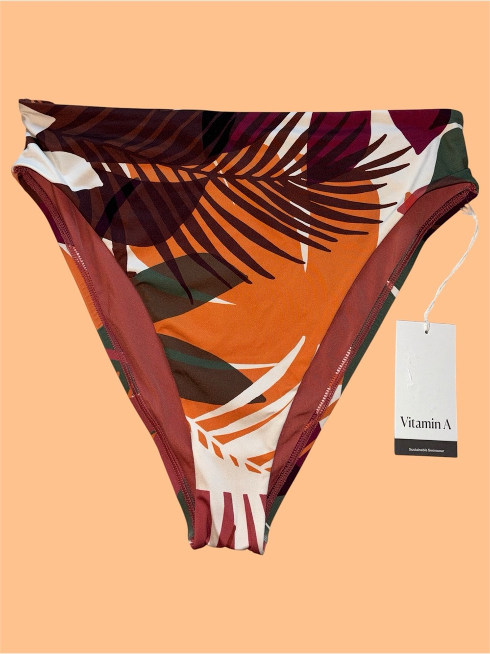 Vitamin A Orange & Green Tropical Leaf High Leg High Waist Cheeky Bikini Bottom